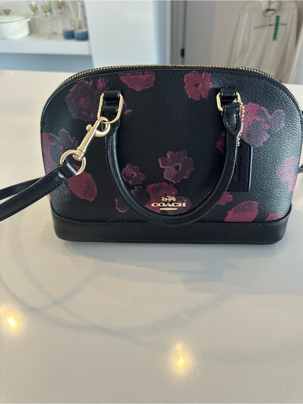 Coach Black Leather Dome Satchel with Pink Floral Print